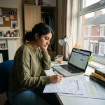 Young woman writing on printed documents at a desk with open laptop and study materials