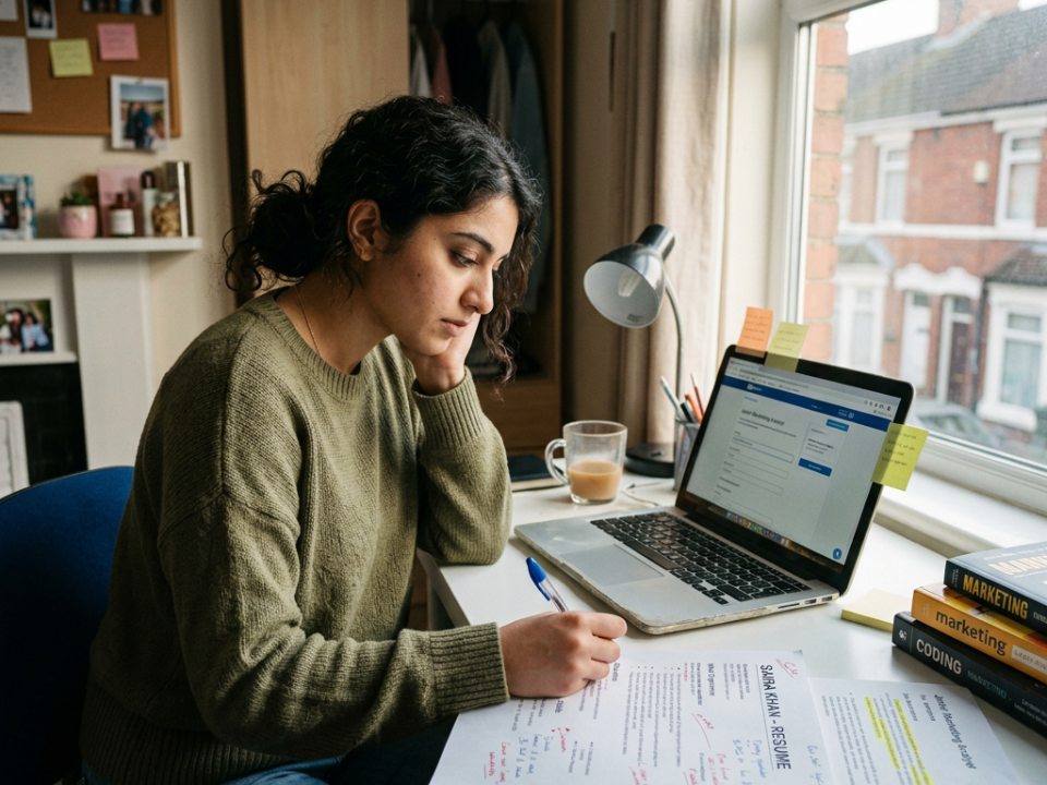 Young woman writing on printed documents at a desk with open laptop and study materials