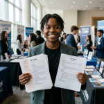 Person holding multiple resumes at career fair with booths in background