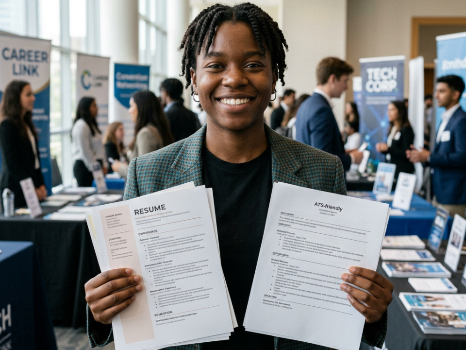 Person holding multiple resumes at career fair with booths in background