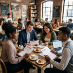 Four diverse young adults holding resumes at a career fair