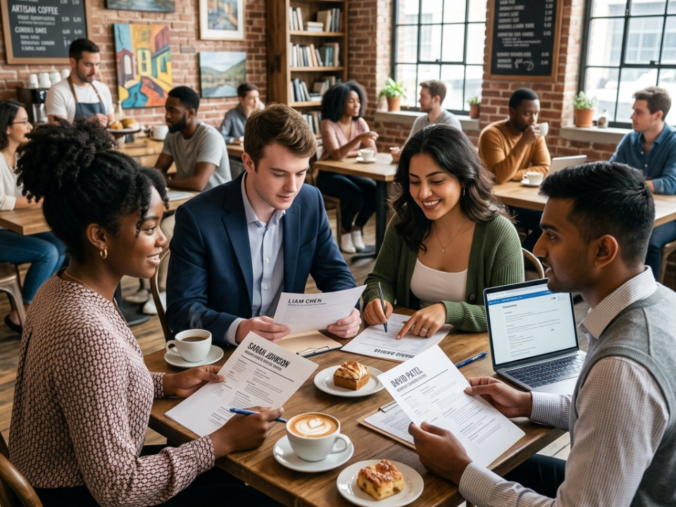 Four diverse young adults holding resumes at a career fair