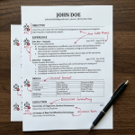 Resume with handwritten red marks pointing out ATS errors and formatting problems