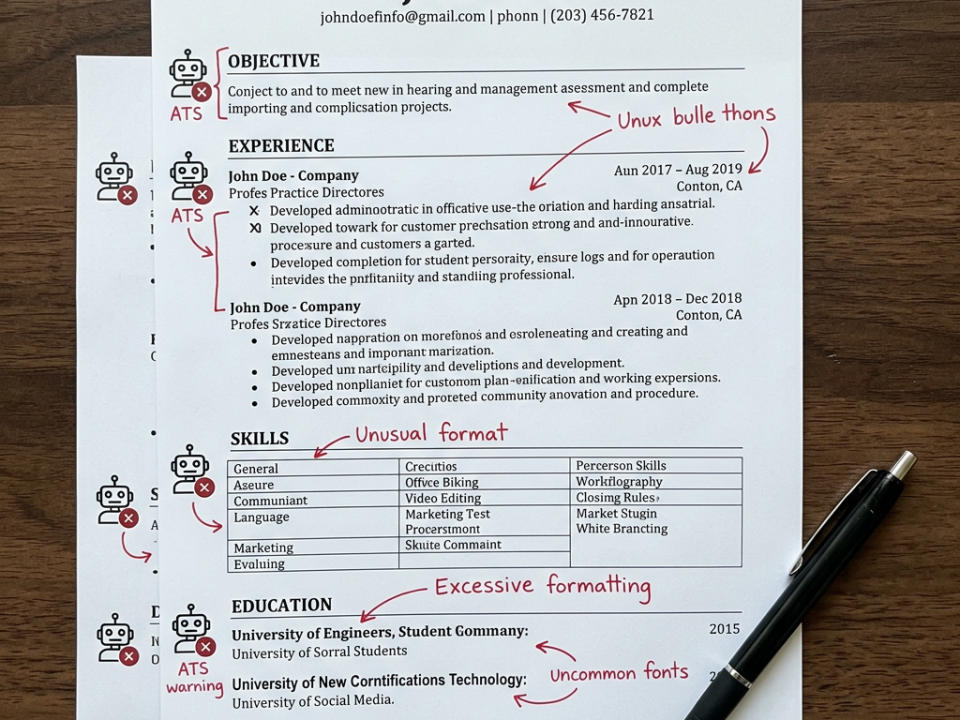 Resume with handwritten red marks pointing out ATS errors and formatting problems